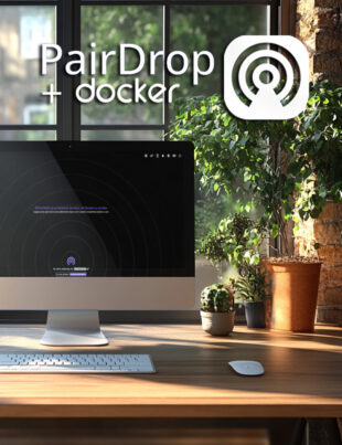 Computerbildschirm mit PairDrop-Logo und Docker-Symbol in einem modernen Büro mit Pflanzen.