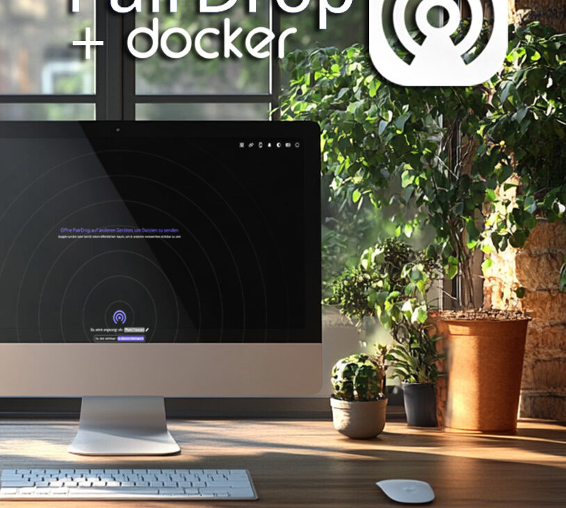 Computerbildschirm mit PairDrop-Logo und Docker-Symbol in einem modernen Büro mit Pflanzen.