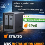 UGREEN NAS-Server vor blauem Hintergrund mit DDNS-Go Installationsanleitung, STRATO-Logo und IPv6-Darstellung