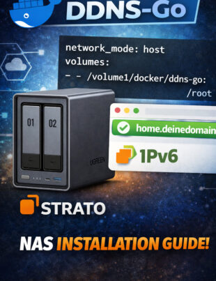 UGREEN NAS-Server vor blauem Hintergrund mit DDNS-Go Installationsanleitung, STRATO-Logo und IPv6-Darstellung