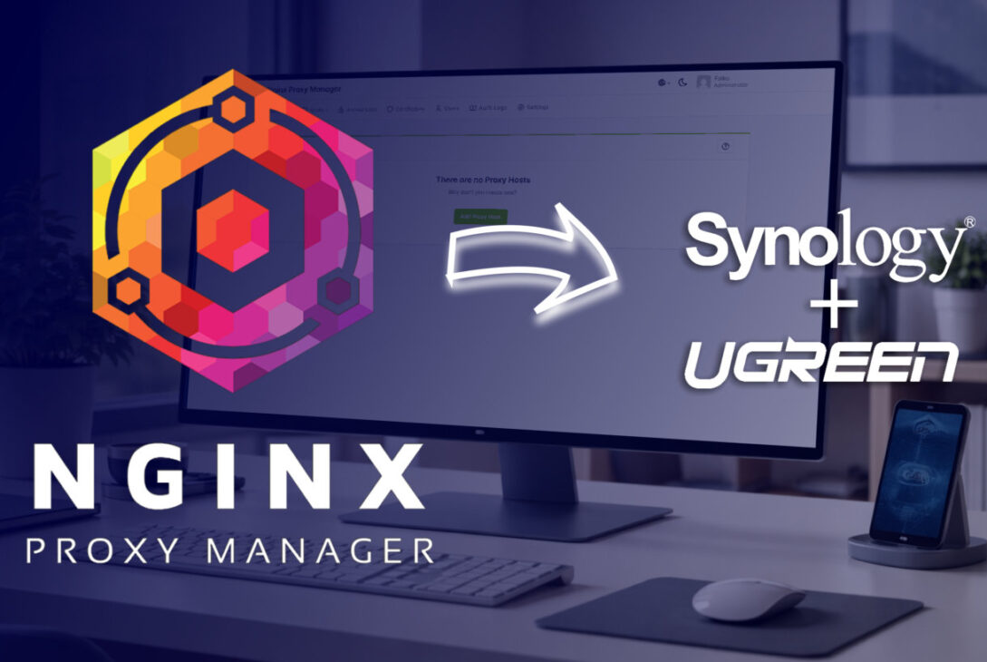 NGINX Proxy Manager auf DiskStation demonstriert, Synology + UGREEN Branding, bunte Hexagon-Logos auf dem Monitor, Arbeitsplatz mit Peripherie und Smartphone