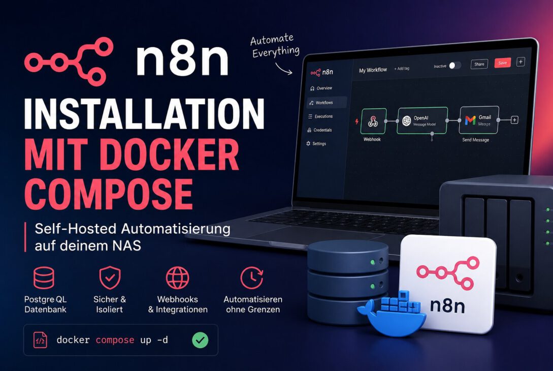 Installation mit Docker Compose: n8n läuft als Automatisierungsplattform auf dem NAS, mit Workflow-Diagramm und Docker-Compose-Befehl „docker compose up -d“.