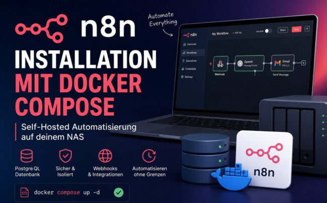 Installation mit Docker Compose: n8n läuft als Automatisierungsplattform auf dem NAS, mit Workflow-Diagramm und Docker-Compose-Befehl „docker compose up -d“.
