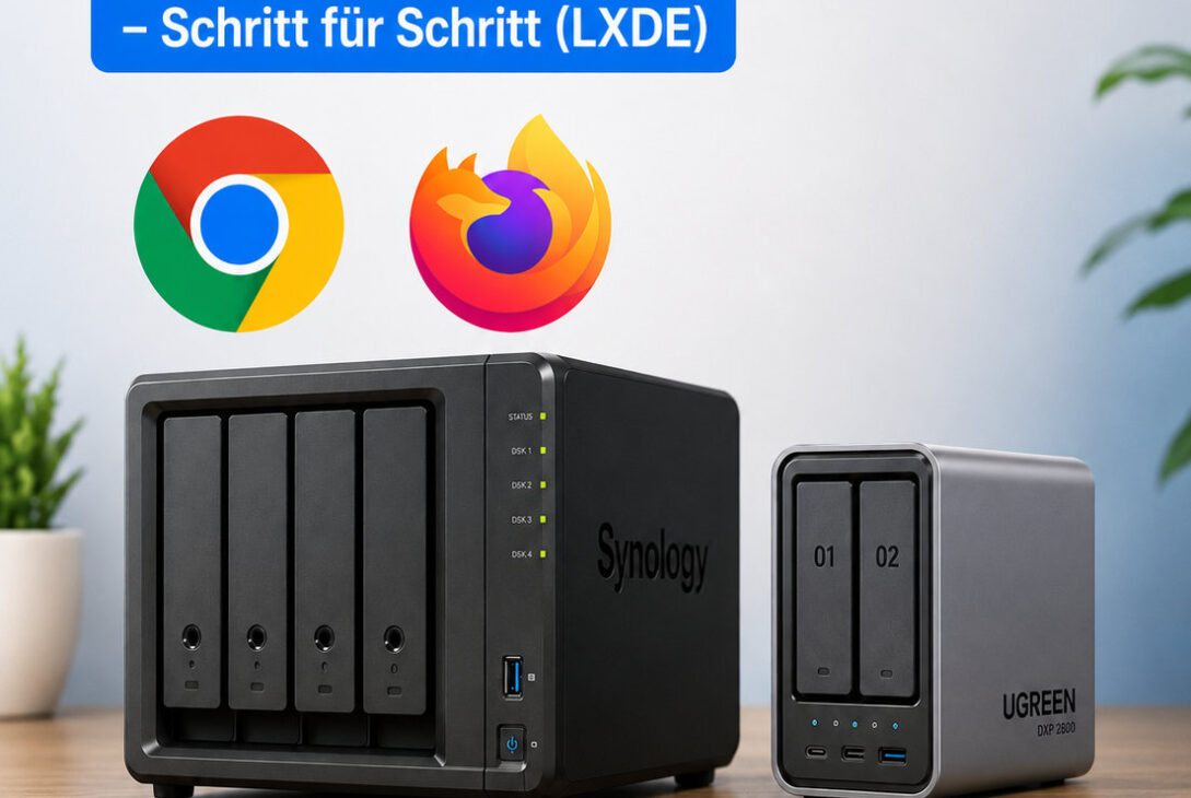 Chrome und Firefox auf Synology oder UGREEN NAS installieren – Schritt für Schritt (LXDE): Grafik mit NAS, Icons und den Browser-Logos in Blau und Schwarz.