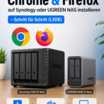 Chrome und Firefox auf Synology oder UGREEN NAS installieren – Schritt für Schritt (LXDE): Grafik mit NAS, Icons und den Browser-Logos in Blau und Schwarz.
