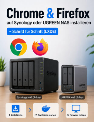 Chrome und Firefox auf Synology oder UGREEN NAS installieren – Schritt für Schritt (LXDE): Grafik mit NAS, Icons und den Browser-Logos in Blau und Schwarz.