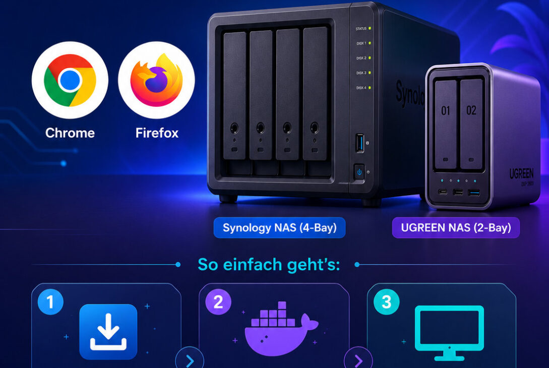 Chrome & Firefox Logos neben einer NAS-Ansicht für Synology oder UGREEN: Schrittfolge mit Icons und Hinweis zur Containertrennung, sauber isoliert.