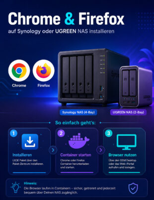 Chrome & Firefox Logos neben einer NAS-Ansicht für Synology oder UGREEN: Schrittfolge mit Icons und Hinweis zur Containertrennung, sauber isoliert.
