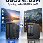 Zwischen Synology DSM und UGREEN UGOS zeigt die Grafik zwei NAS-Systeme mit Weboberflächen, während der Vergleich beide Betriebsoberflächen gegenüberstellt.