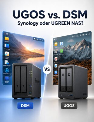Zwischen Synology DSM und UGREEN UGOS zeigt die Grafik zwei NAS-Systeme mit Weboberflächen, während der Vergleich beide Betriebsoberflächen gegenüberstellt.