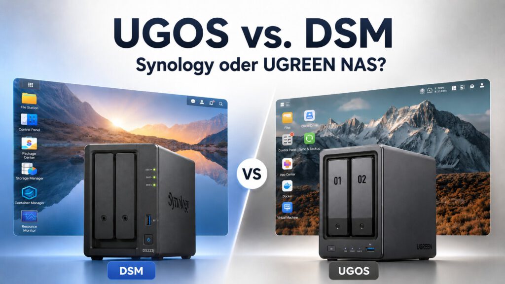 UGOS vs. DSM steht über zwei NAS-Oberflächen von Synology und UGREEN, flankiert von zwei NAS-Gehäusen mit klarer Gegenüberstellung der Systeme.
