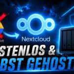 Mit blauem Neon-Look steht Nextcloud neben durchgestrichenem Google Drive und einem NAS, dazu der Hinweis auf kostenfreie selbst gehostete Cloud.