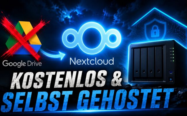 Mit blauem Neon-Look steht Nextcloud neben durchgestrichenem Google Drive und einem NAS, dazu der Hinweis auf kostenfreie selbst gehostete Cloud.