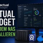 Actual Budget mit großem Schriftzug „AUF DEM NAS INSTALLIEREN“, NAS-Gehäuse und Dashboard auf einem Monitor.