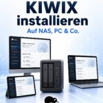 Kiwix installieren auf NAS, PC und Mobilgeräten; auf mehreren Displays ist die Offline-Wissen-Oberfläche zu sehen.
