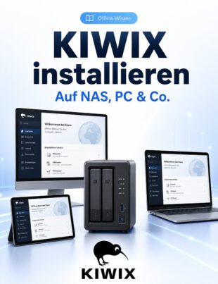Kiwix installieren auf NAS, PC und Mobilgeräten; auf mehreren Displays ist die Offline-Wissen-Oberfläche zu sehen.